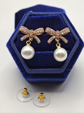 Swarovski Gold Bow Earrings with White Pearl Drops